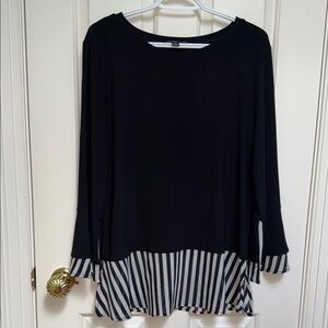 INC sz L Black knit top w built-in striped layer accents - founce sleeves slit